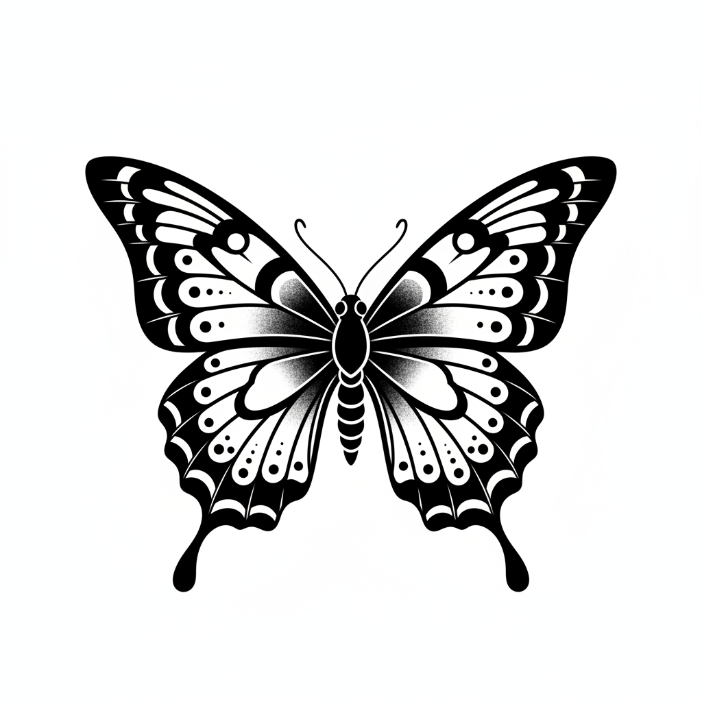 Blackwork Butterfly temporary tattoo design, blackwork butterfly artwork in black ink on a white background