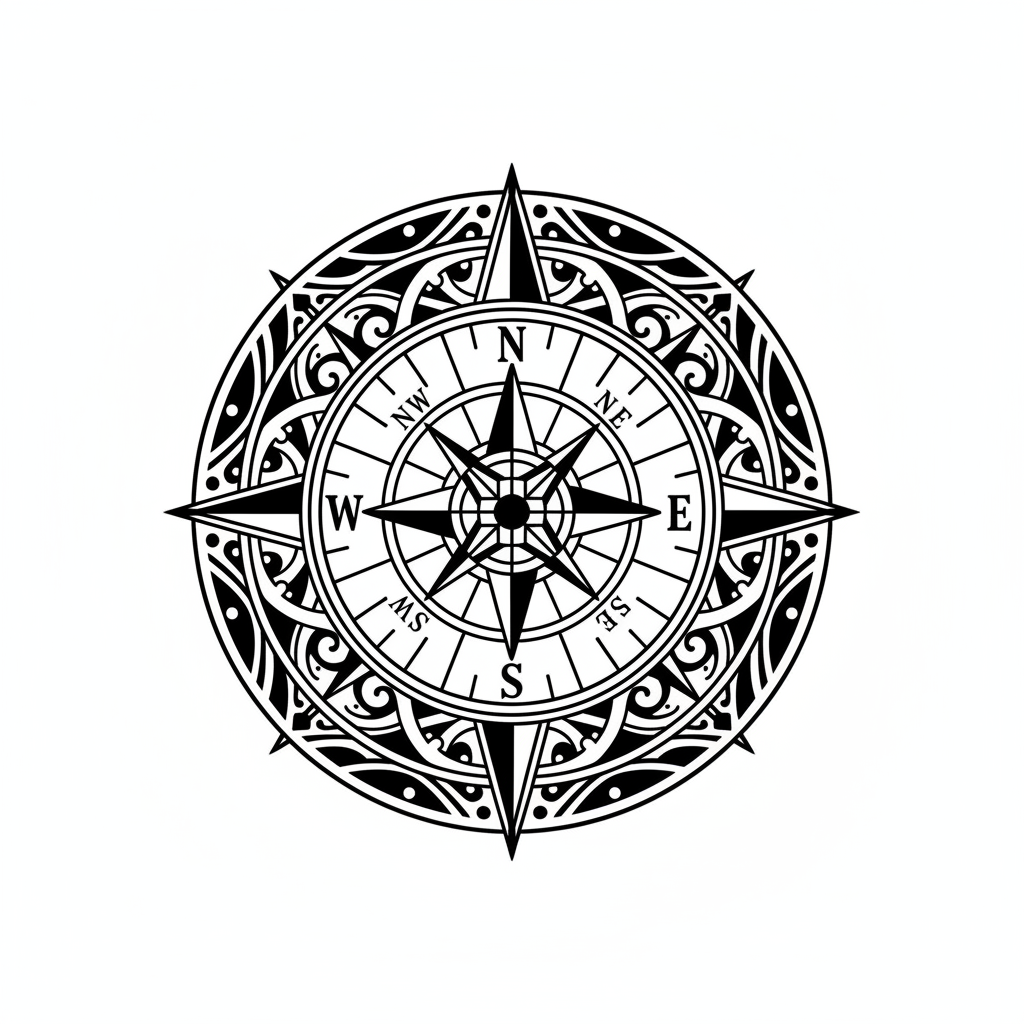 Blackwork Compass temporary tattoo design, blackwork compass artwork in black ink on a white background