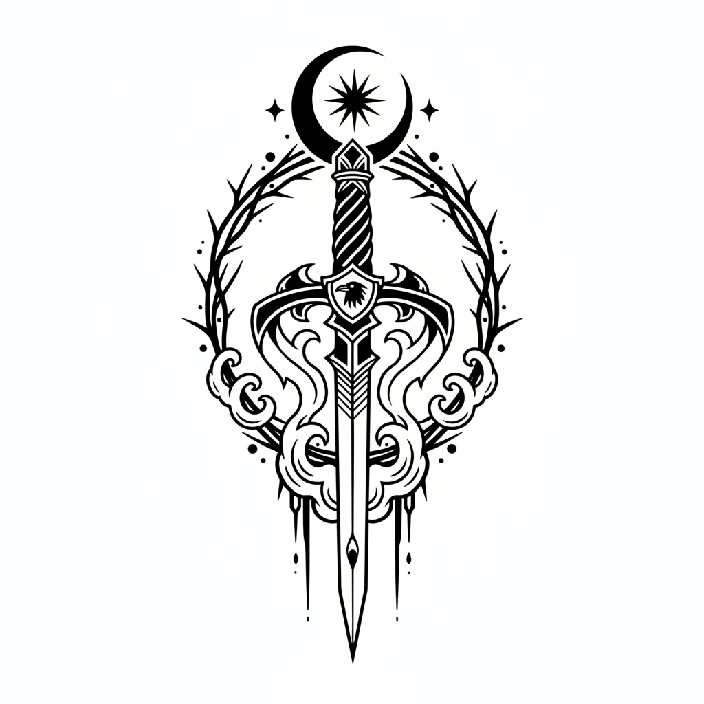 Blackwork Dagger temporary tattoo design, blackwork dagger artwork in black ink on a white background