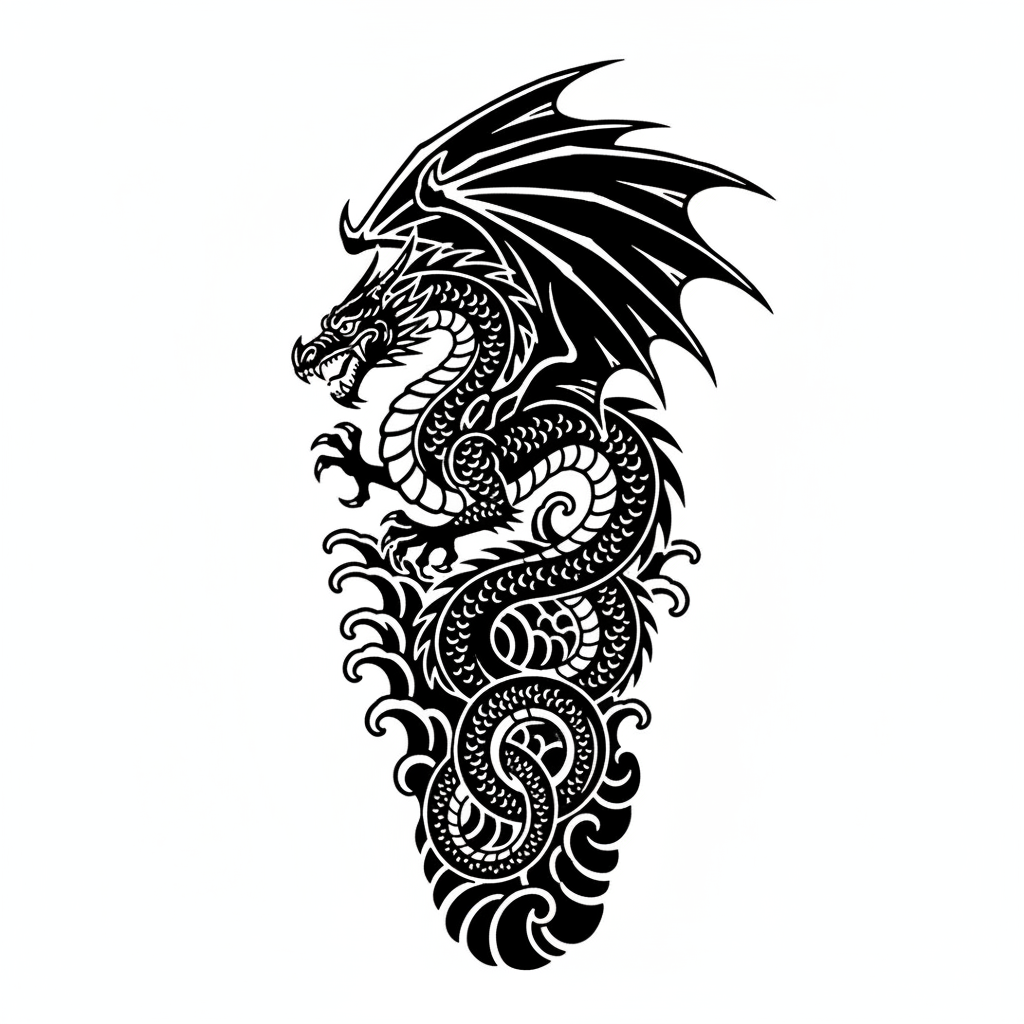 Blackwork Dragon temporary tattoo design, blackwork dragon artwork in black ink on a white background