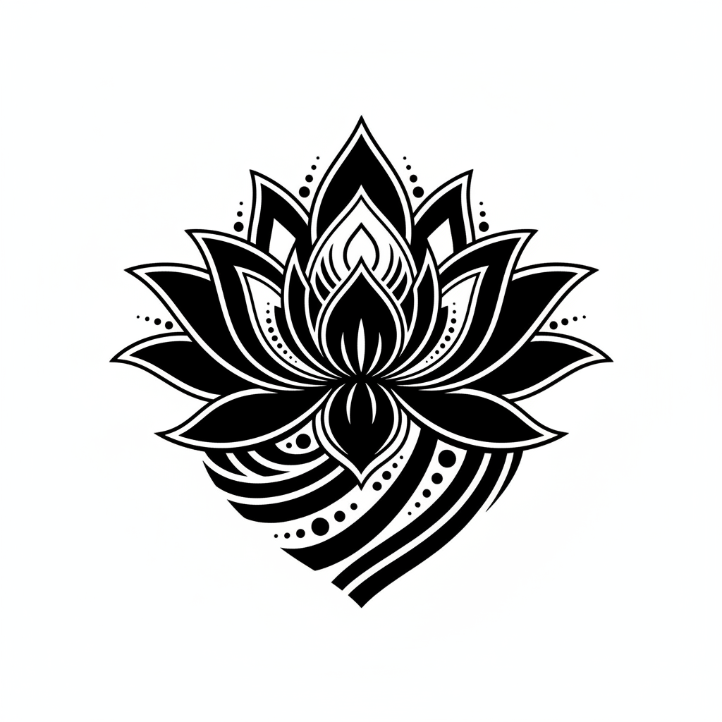 Blackwork Lotus temporary tattoo design, blackwork lotus artwork in black ink on a white background