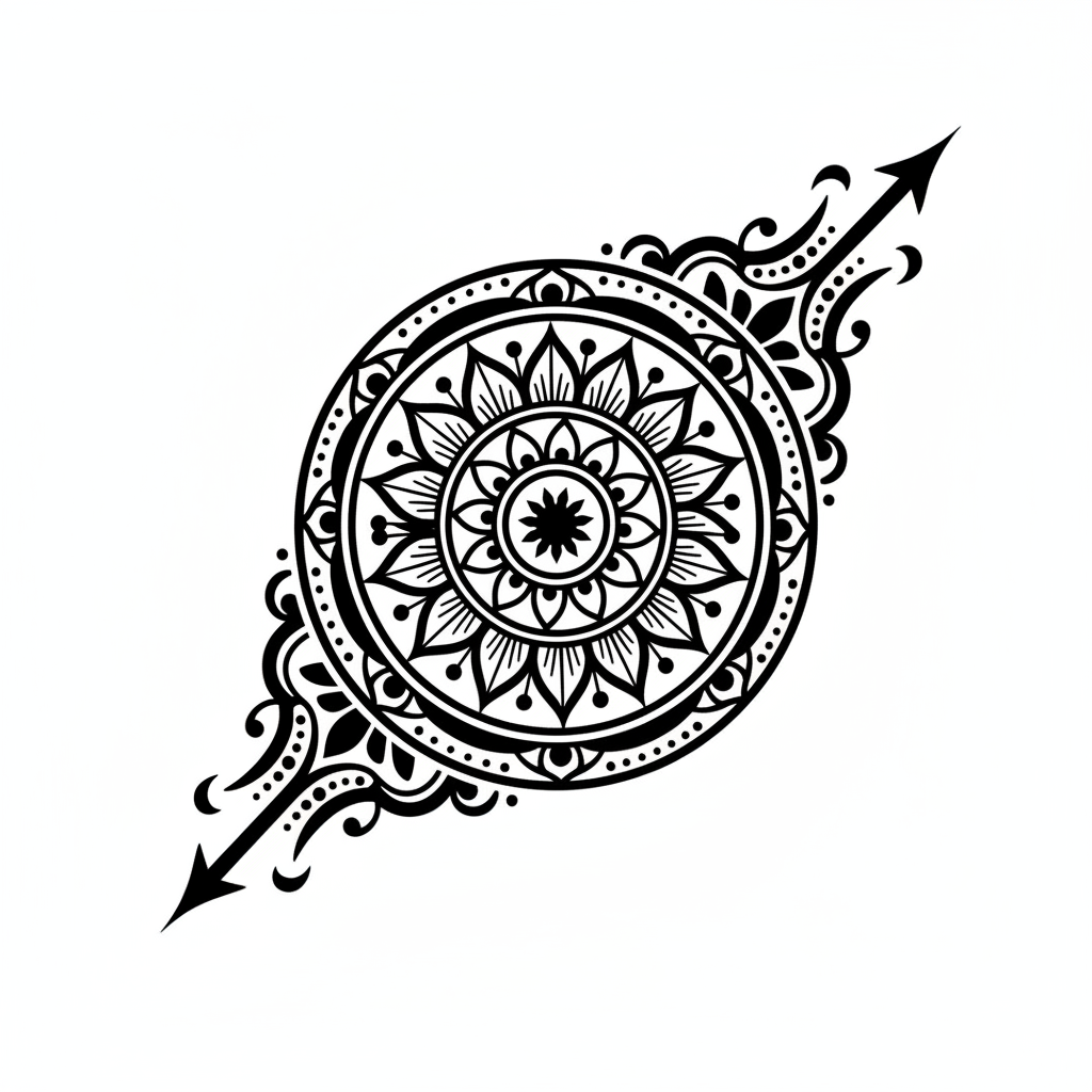 Blackwork Arrow Mandala temporary tattoo design, blackwork mandala artwork in black ink on a white background