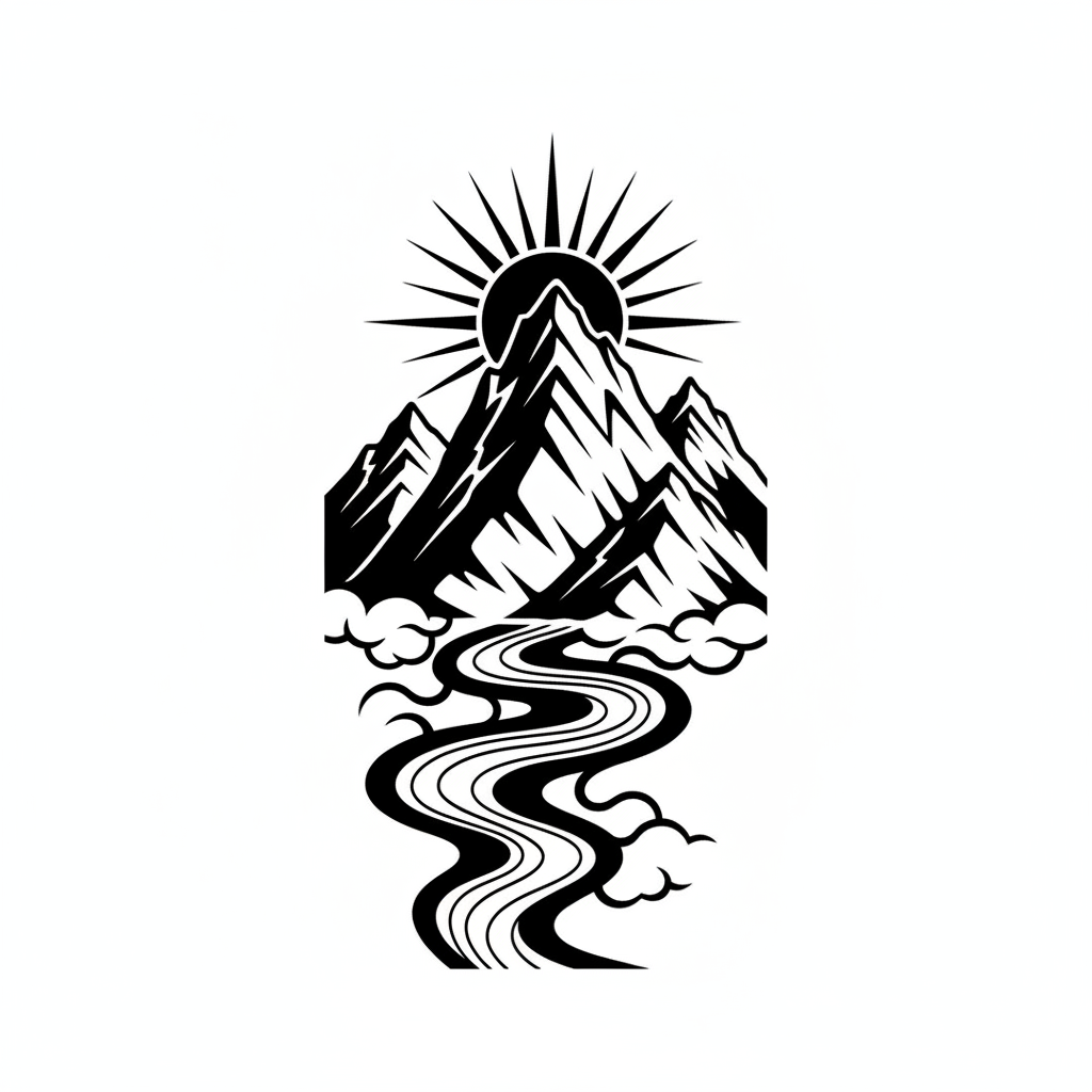 Blackwork Mountain temporary tattoo design, blackwork mountain artwork in black ink on a white background