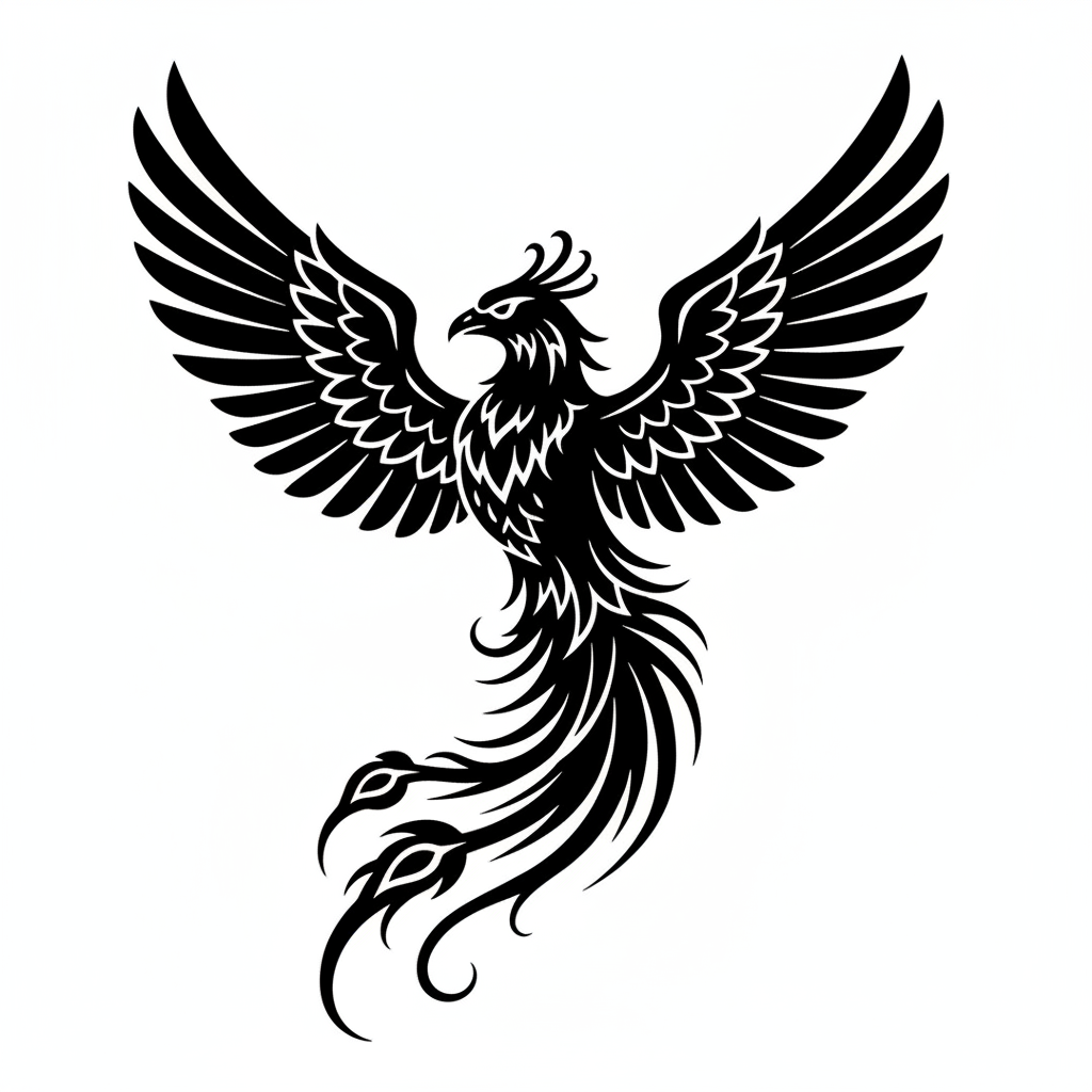 Blackwork Phoenix temporary tattoo design, blackwork phoenix artwork in black ink on a white background
