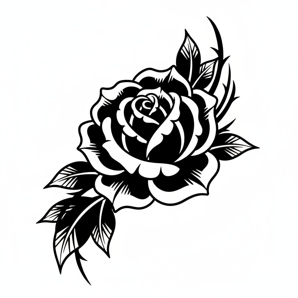 Blackwork Rose temporary tattoo design, blackwork rose artwork in black ink on a white background