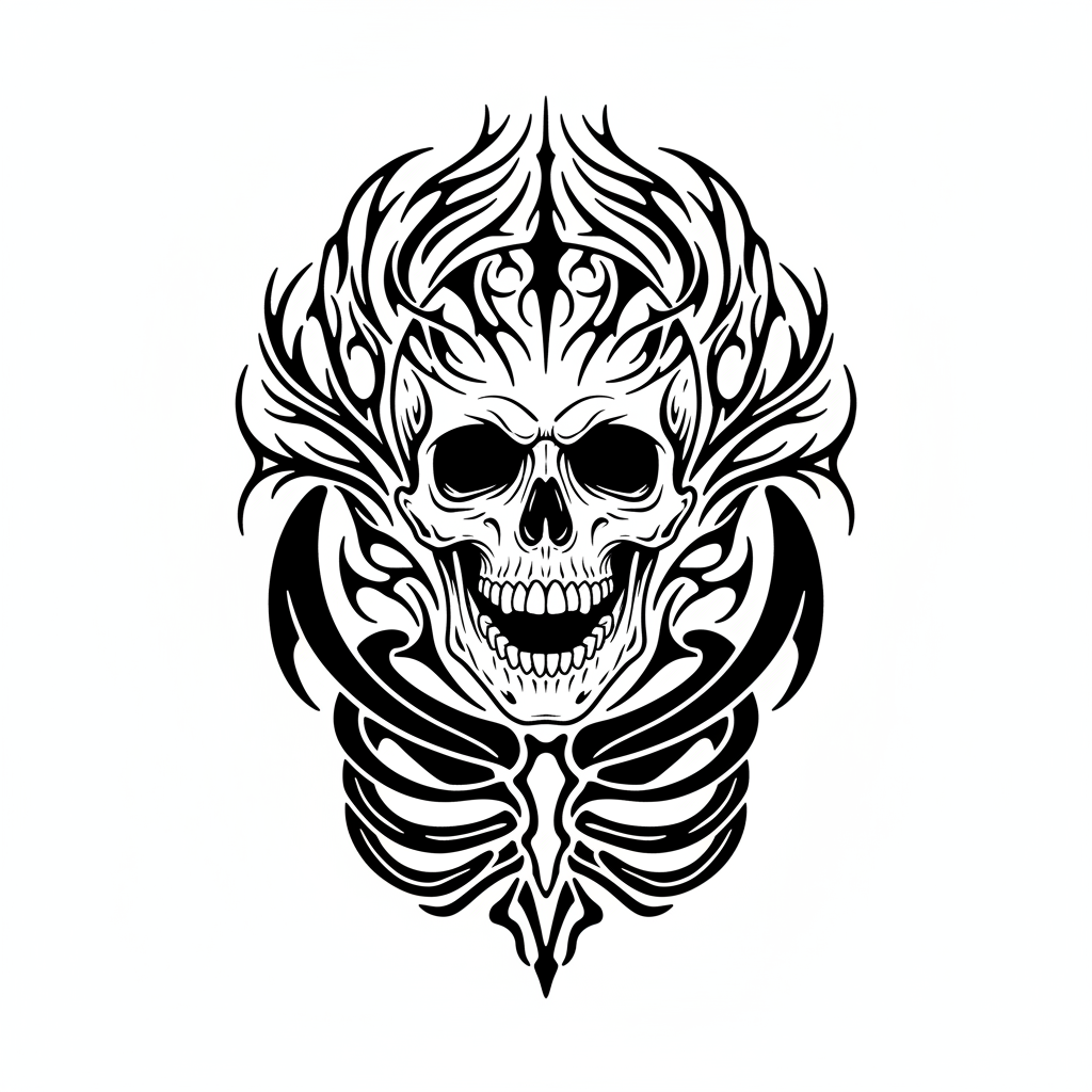 Blackwork Ornate Skull temporary tattoo design, blackwork skull artwork in black ink on a white background