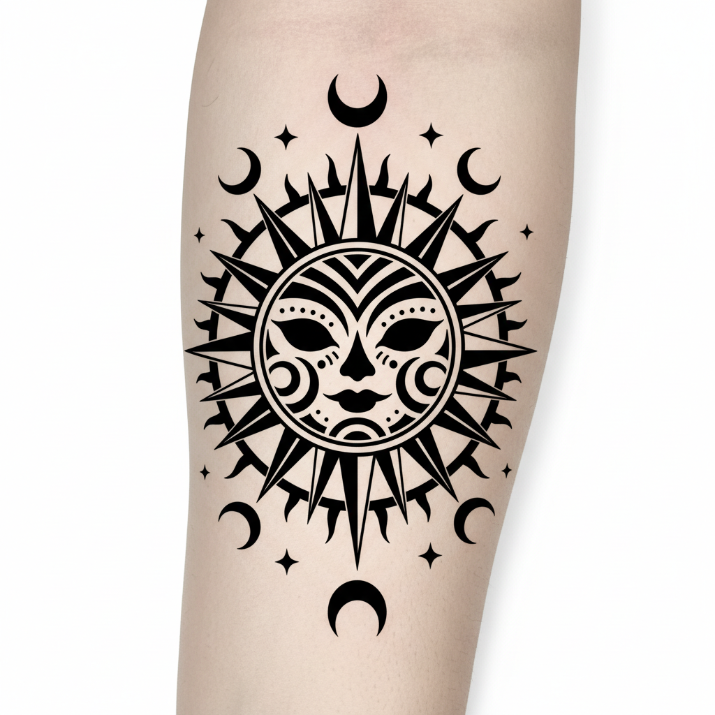 Blackwork Sun temporary tattoo design, blackwork sun artwork in black ink on a white background