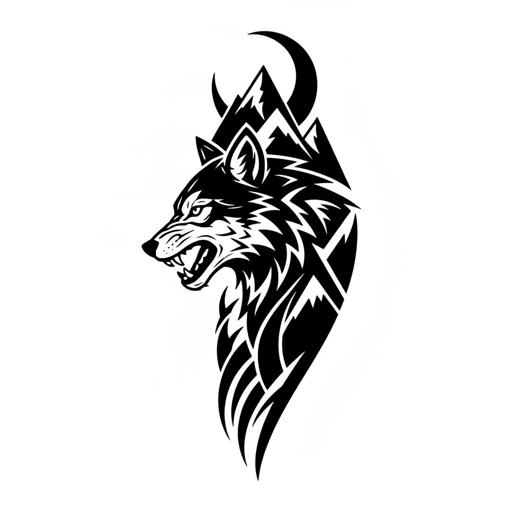 Blackwork Wolf temporary tattoo design, blackwork wolf artwork in black ink on a white background