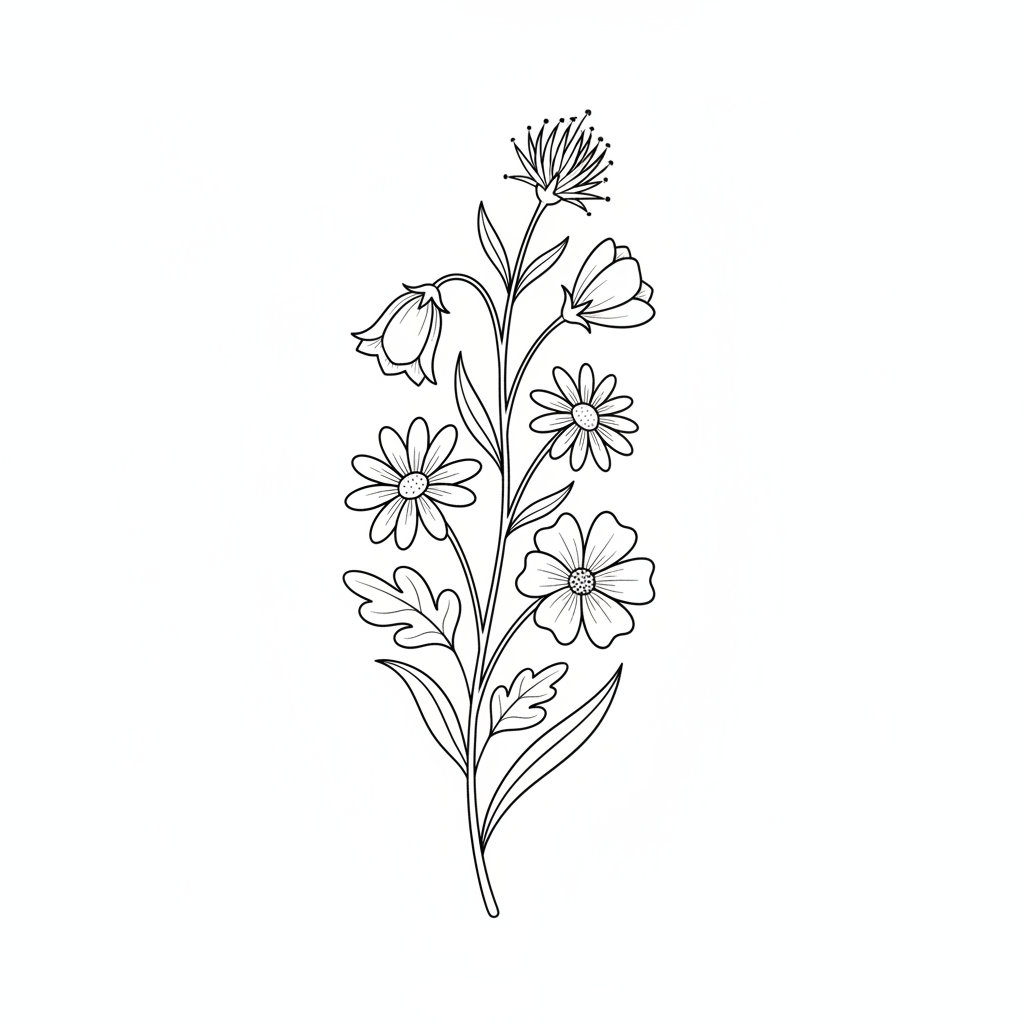 Botanical Wildflower Stem temporary tattoo design, botanical wildflower artwork in black ink on a white background