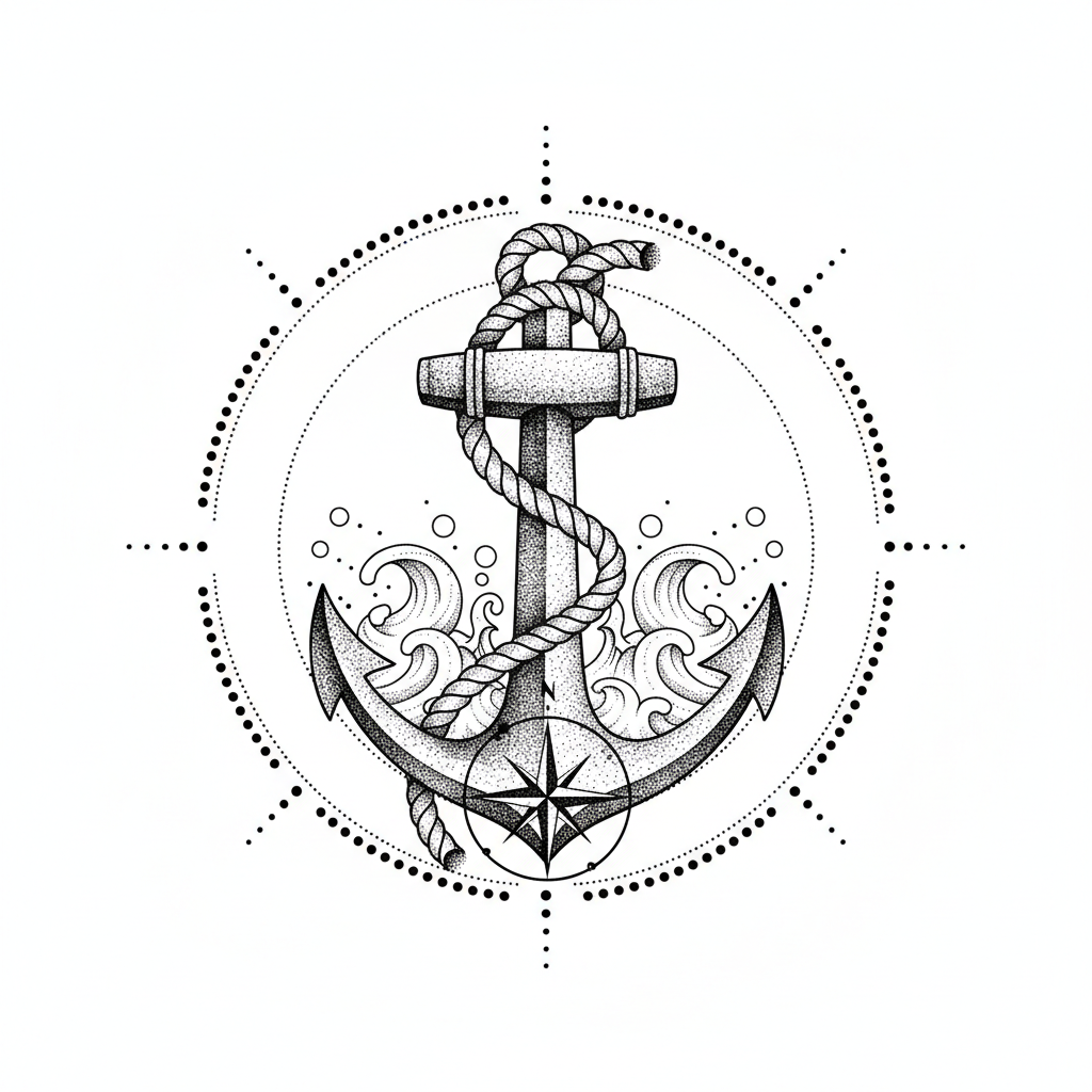 Dotwork Anchor temporary tattoo design, dotwork anchor artwork in black ink on a white background