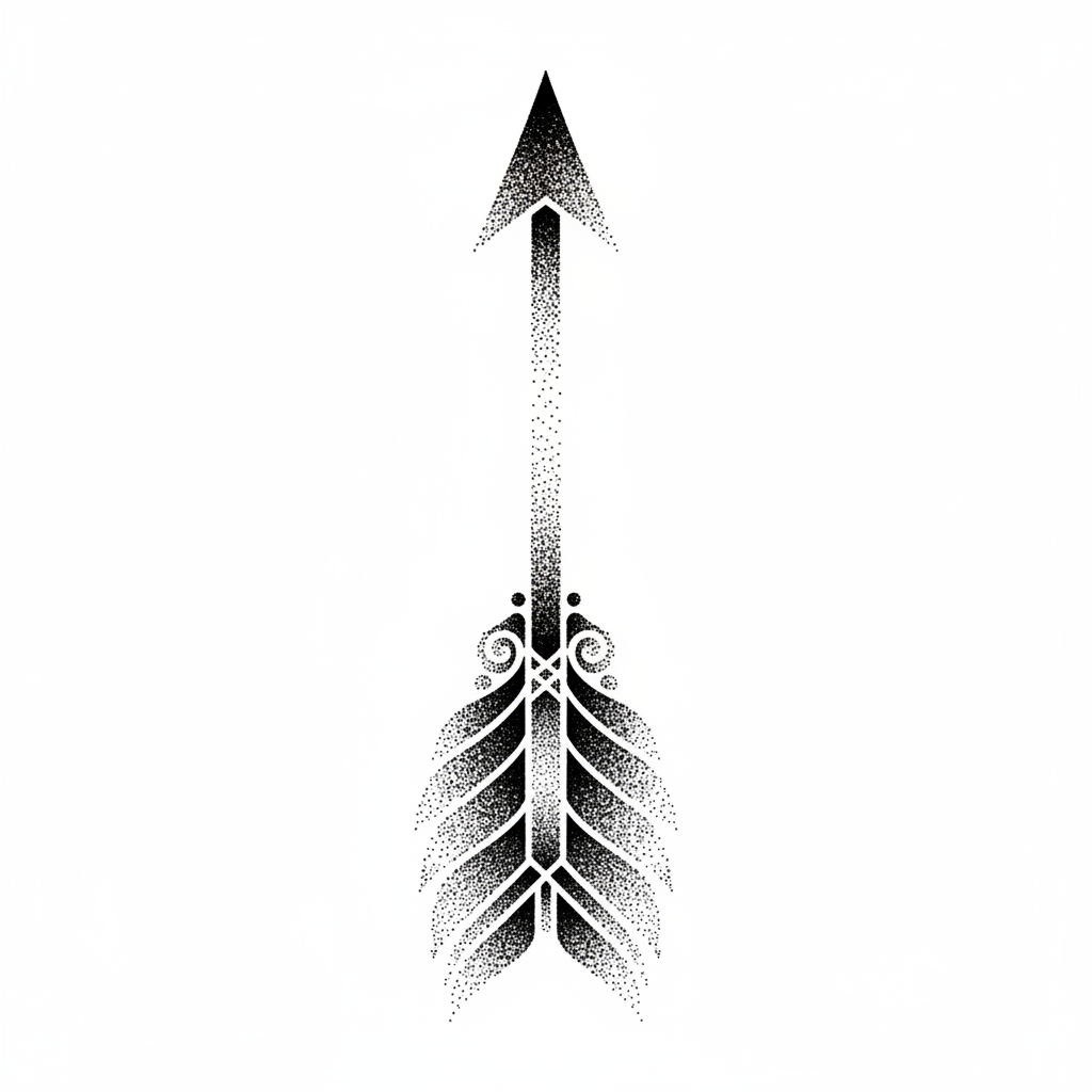 Dotwork Arrow temporary tattoo design, dotwork arrow artwork in black ink on a white background