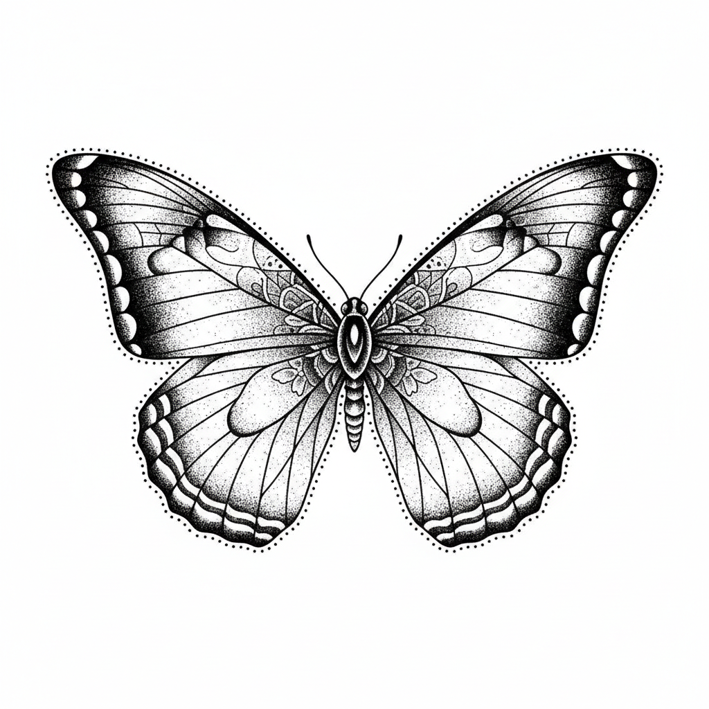 Dotwork Butterfly temporary tattoo design, dotwork butterfly artwork in black ink on a white background