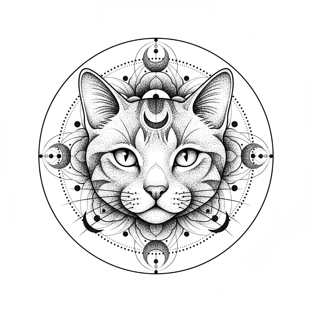 Dotwork Cat temporary tattoo design, dotwork cat artwork in black ink on a white background