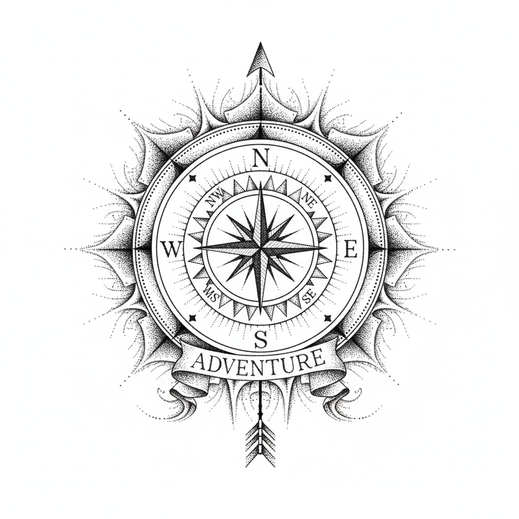 Dotwork Compass temporary tattoo design, dotwork compass artwork in black ink on a white background