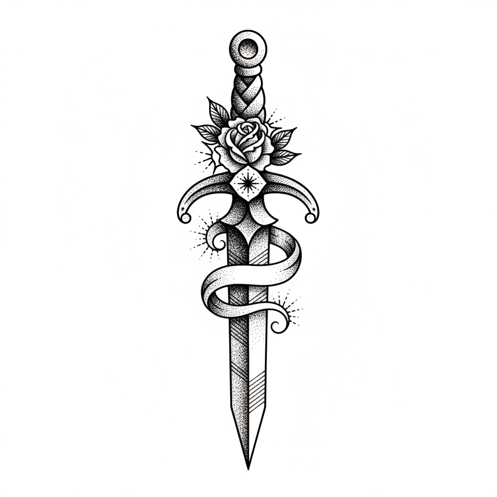 Dotwork Dagger temporary tattoo design, dotwork dagger artwork in black ink on a white background