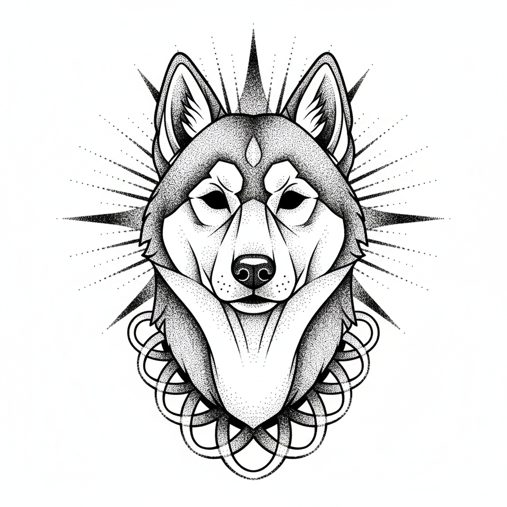 Dotwork Dog temporary tattoo design, dotwork dog artwork in black ink on a white background