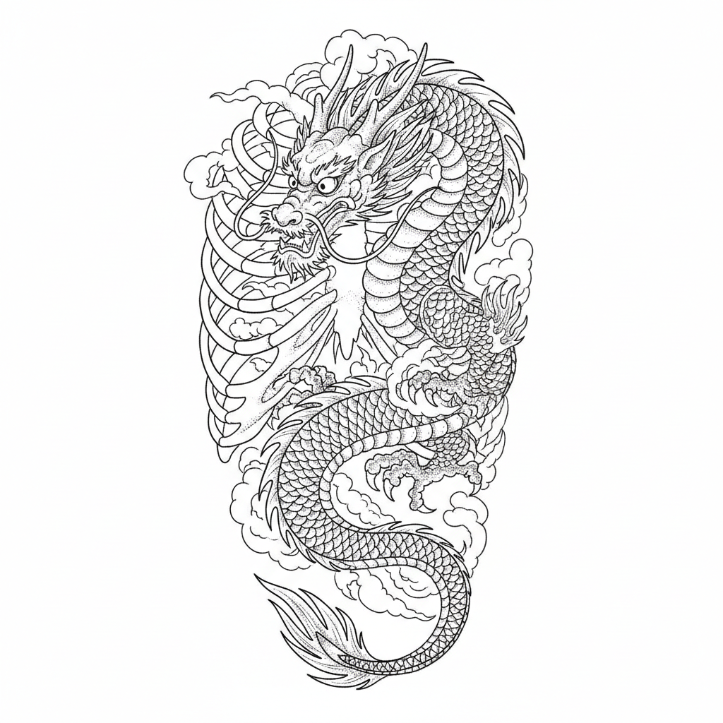 Dotwork Dragon temporary tattoo design, dotwork dragon artwork in black ink on a white background