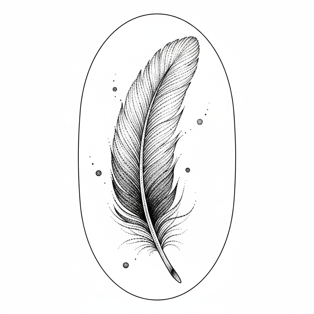 Dotwork Feather temporary tattoo design, dotwork feather artwork in black ink on a white background