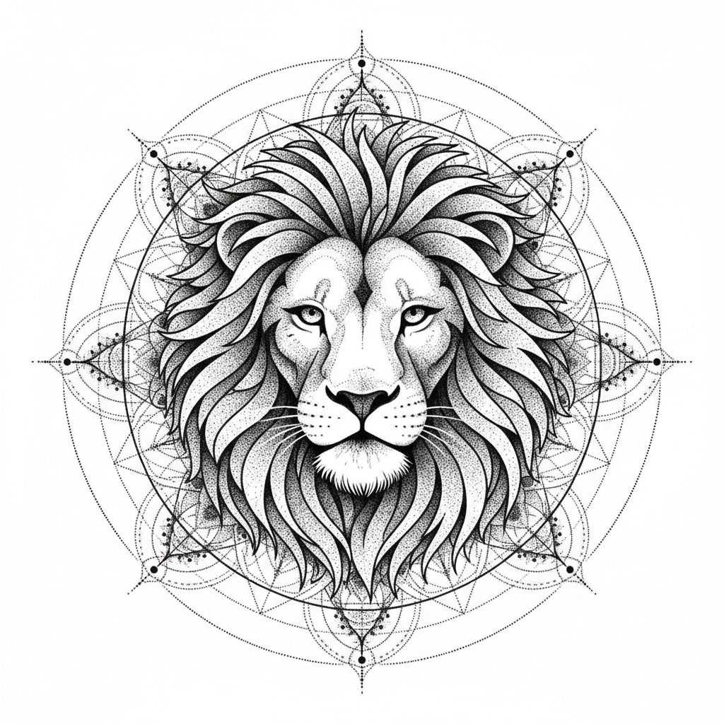 Dotwork Lion temporary tattoo design, dotwork lion artwork in black ink on a white background