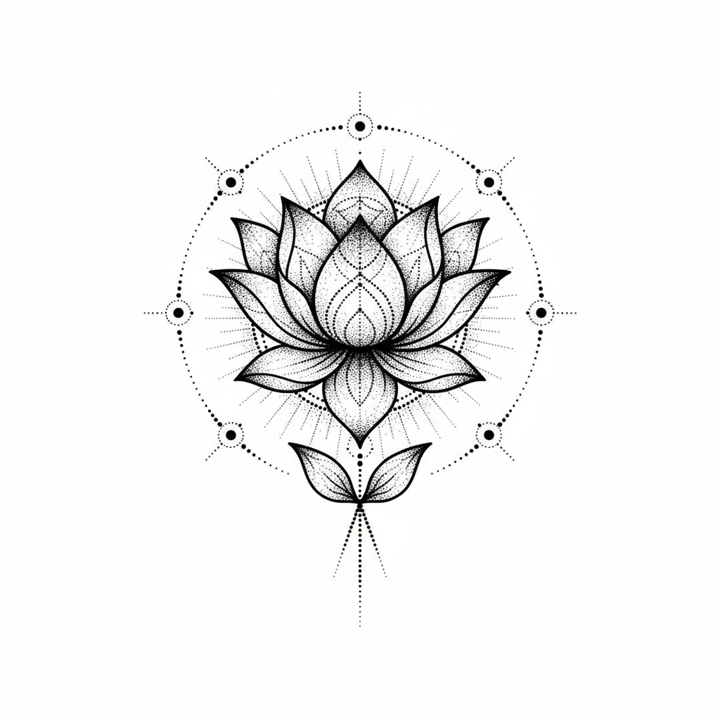 Dotwork Lotus temporary tattoo design, dotwork lotus artwork in black ink on a white background