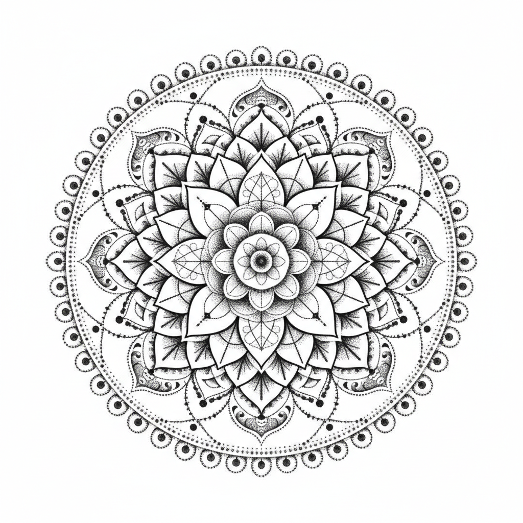 Dotwork Mandala temporary tattoo design, dotwork mandala artwork in black ink on a white background