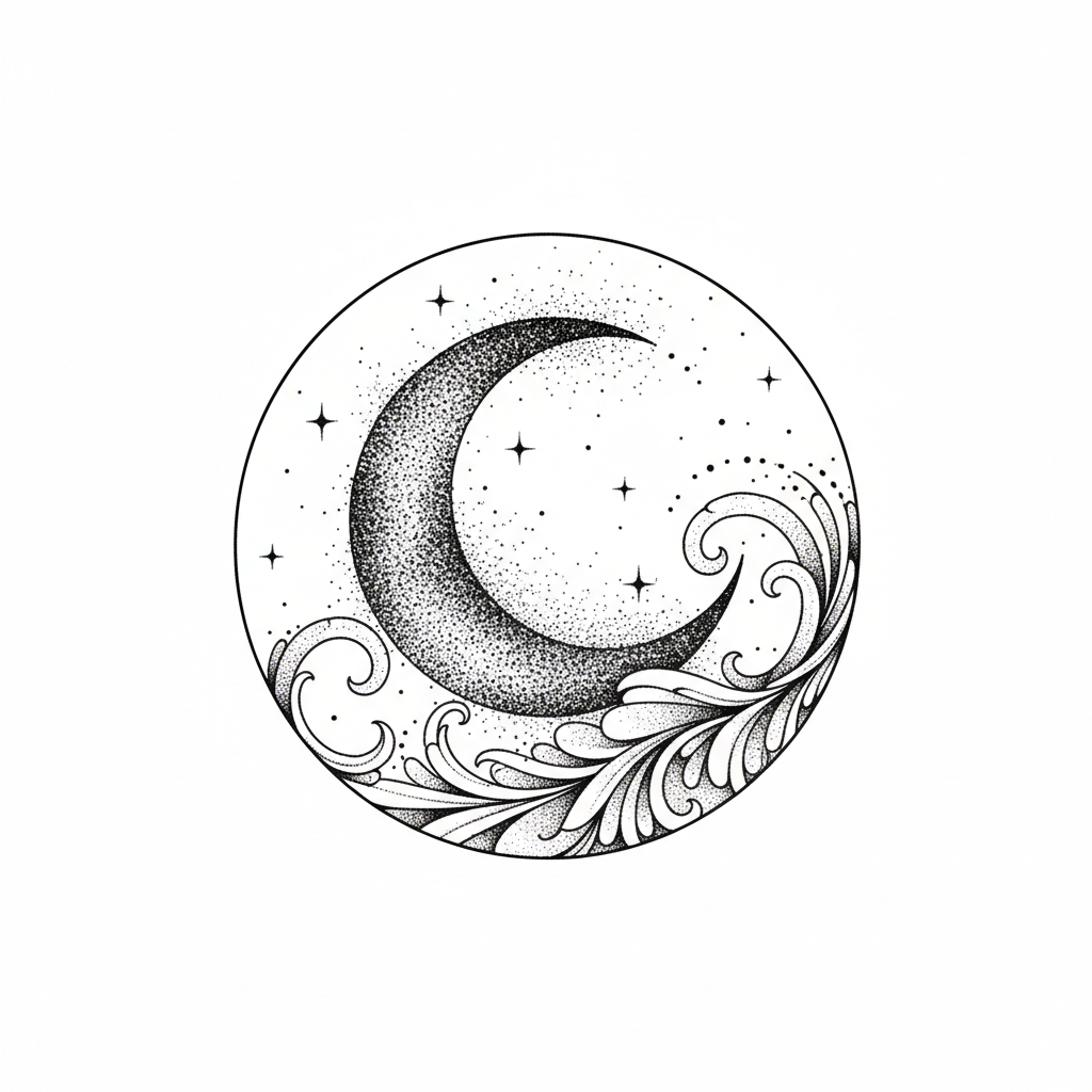 Dotwork Crescent Moon temporary tattoo design, dotwork moon artwork in black ink on a white background