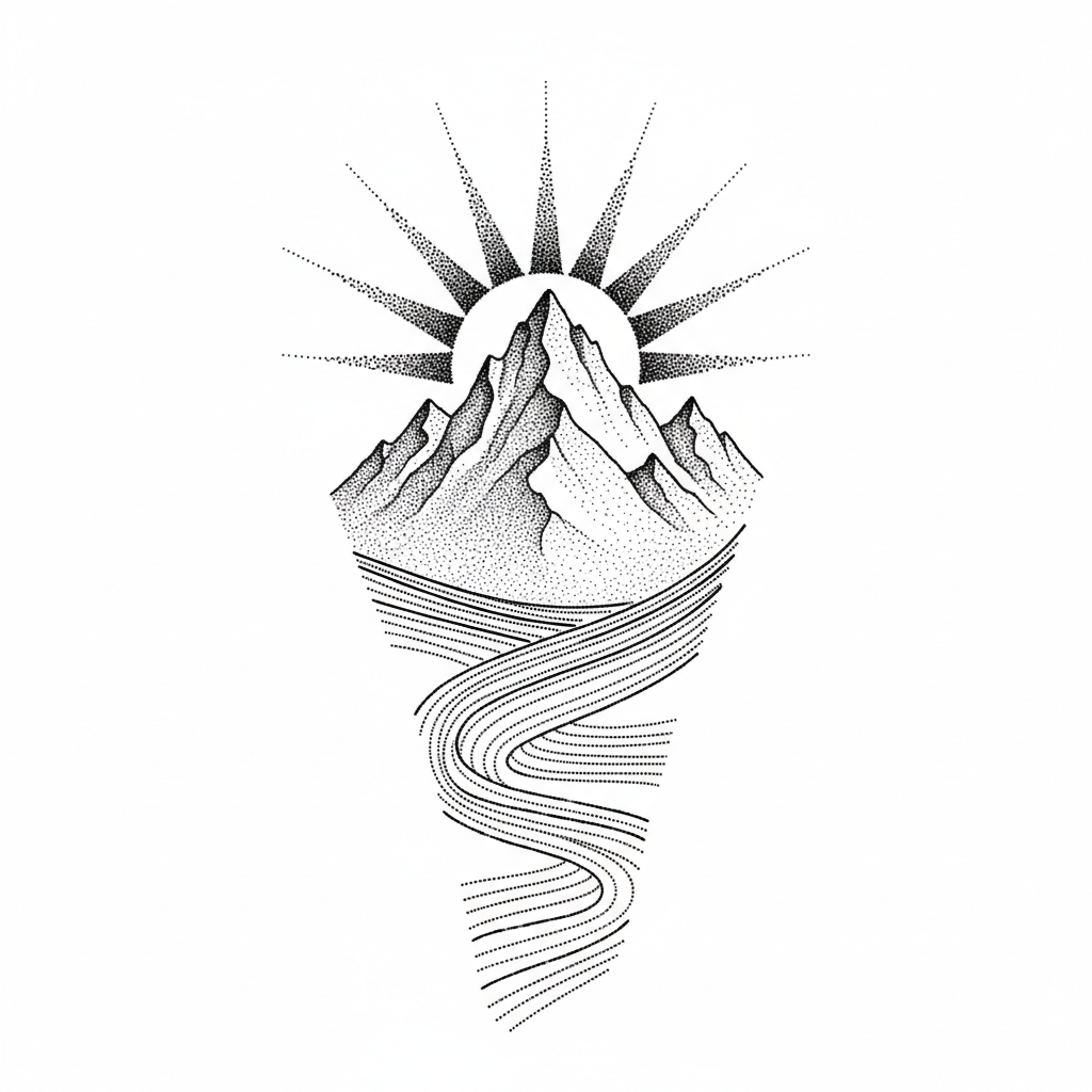 Dotwork Mountain temporary tattoo design, dotwork mountain artwork in black ink on a white background