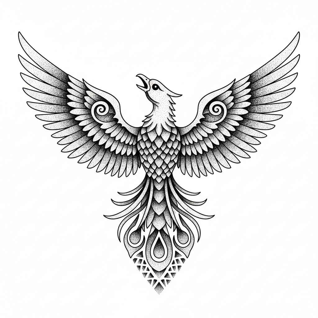 Dotwork Phoenix temporary tattoo design, dotwork phoenix artwork in black ink on a white background