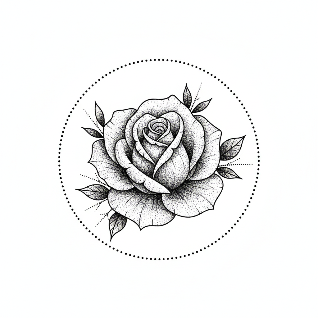 Dotwork Rose temporary tattoo design, dotwork rose artwork in black ink on a white background