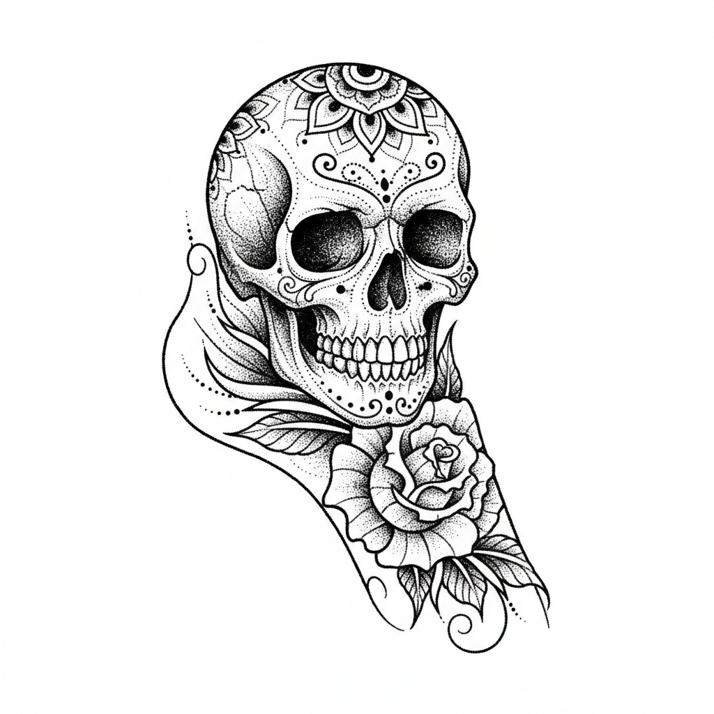 Dotwork Skull temporary tattoo design, dotwork skull artwork in black ink on a white background