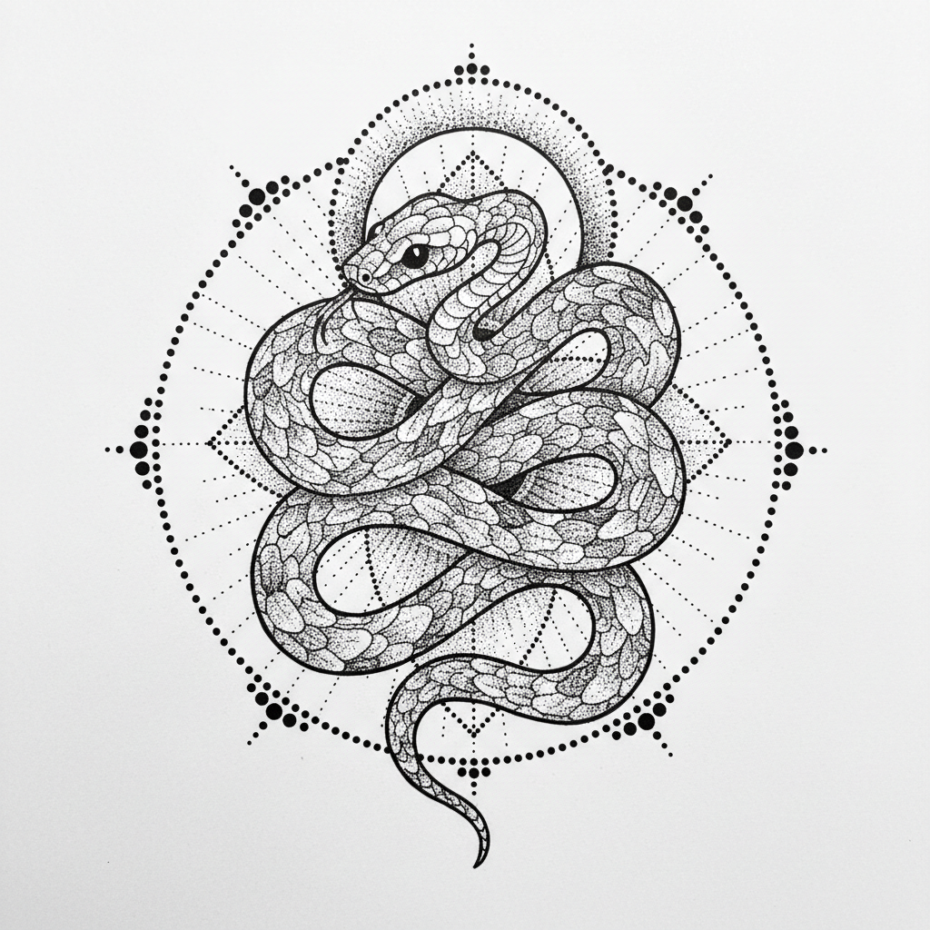 Dotwork Snake temporary tattoo design, dotwork snake artwork in black ink on a white background