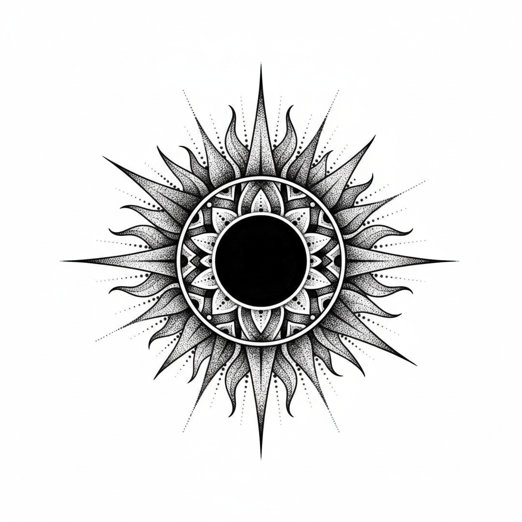 Dotwork Sun temporary tattoo design, dotwork sun artwork in black ink on a white background
