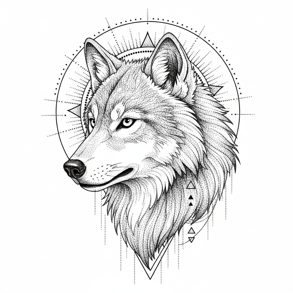 Dotwork Wolf temporary tattoo design, dotwork wolf artwork in black ink on a white background