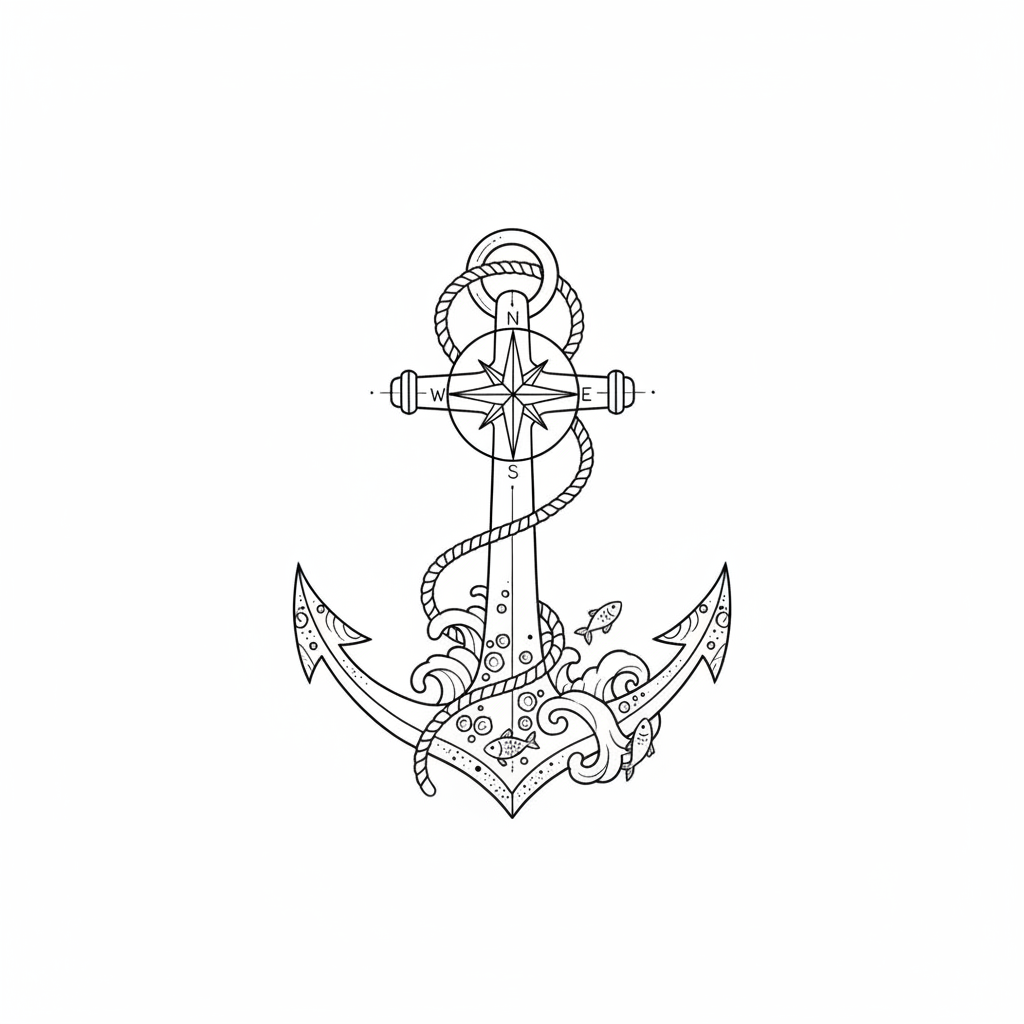 Fine Line Anchor temporary tattoo design, fine line anchor artwork in black ink on a white background