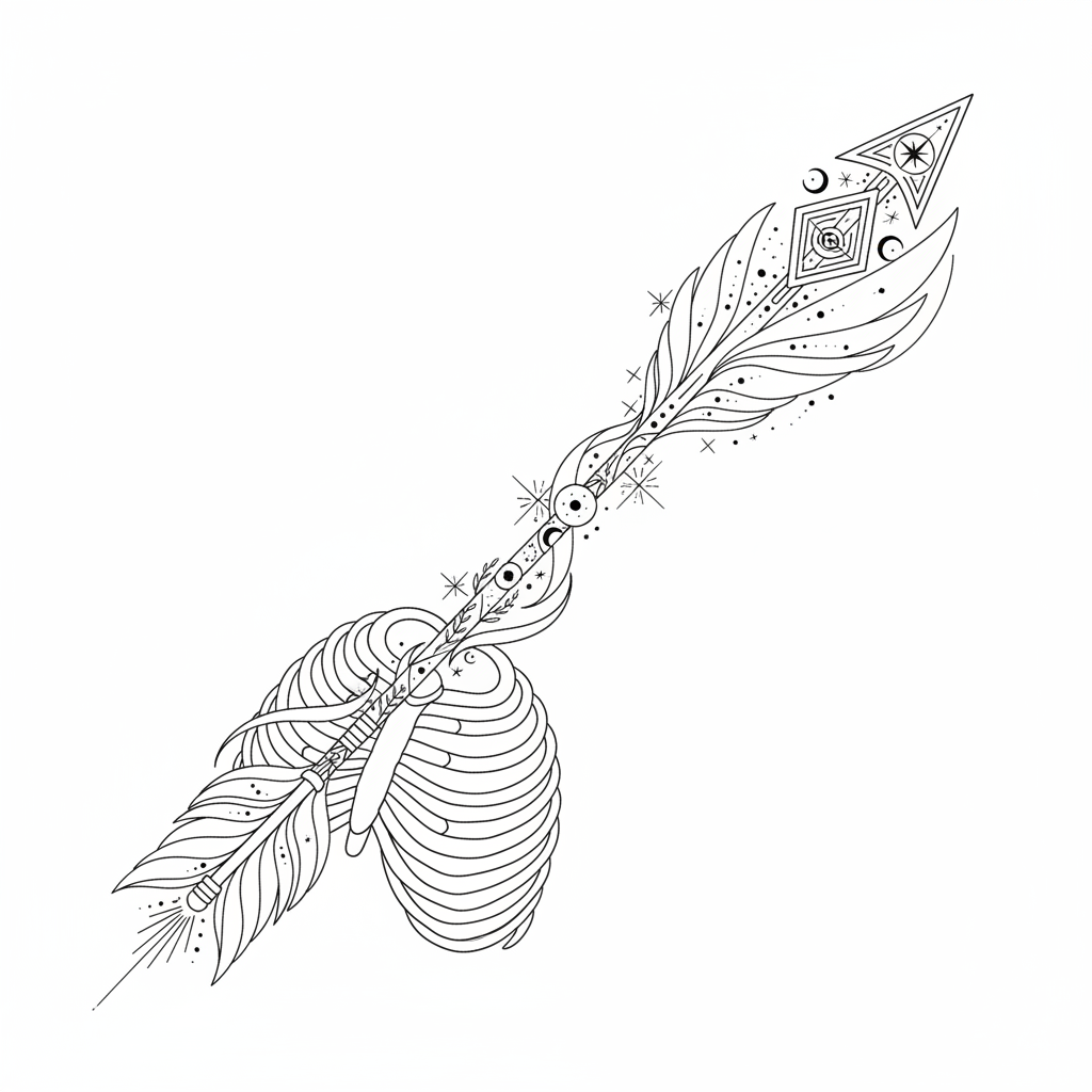 Fine Line Arrow temporary tattoo design, fine line arrow artwork in black ink on a white background