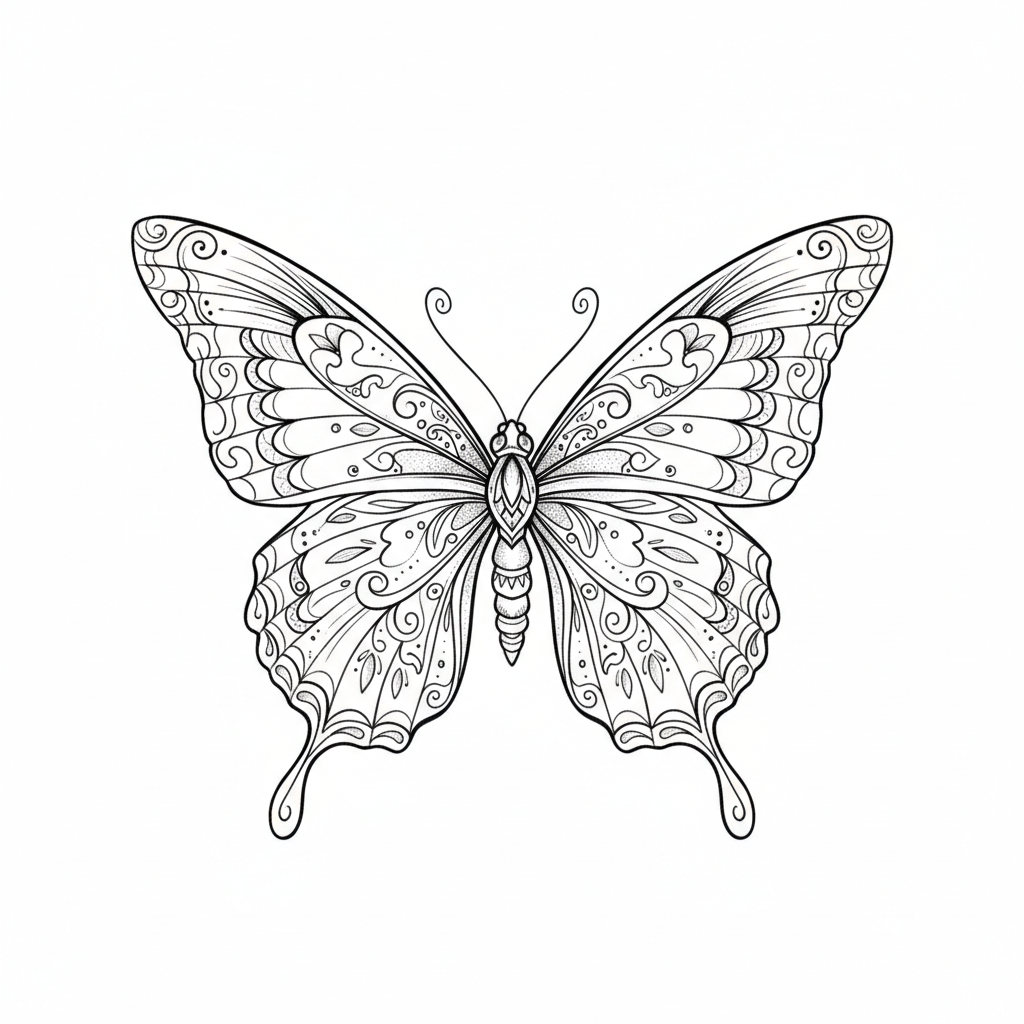 Fine Line Butterfly temporary tattoo design, fine line butterfly artwork in black ink on a white background