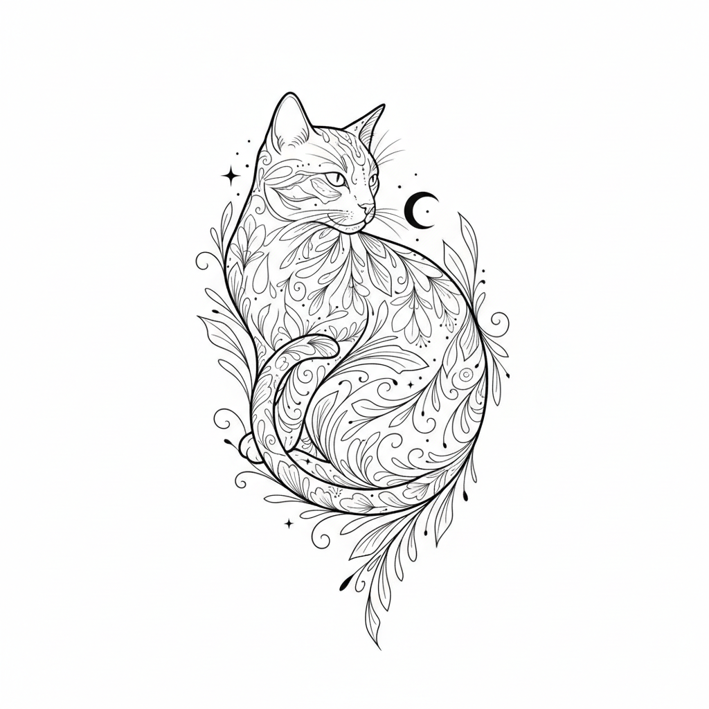 Fine Line Cat temporary tattoo design, fine line cat artwork in black ink on a white background