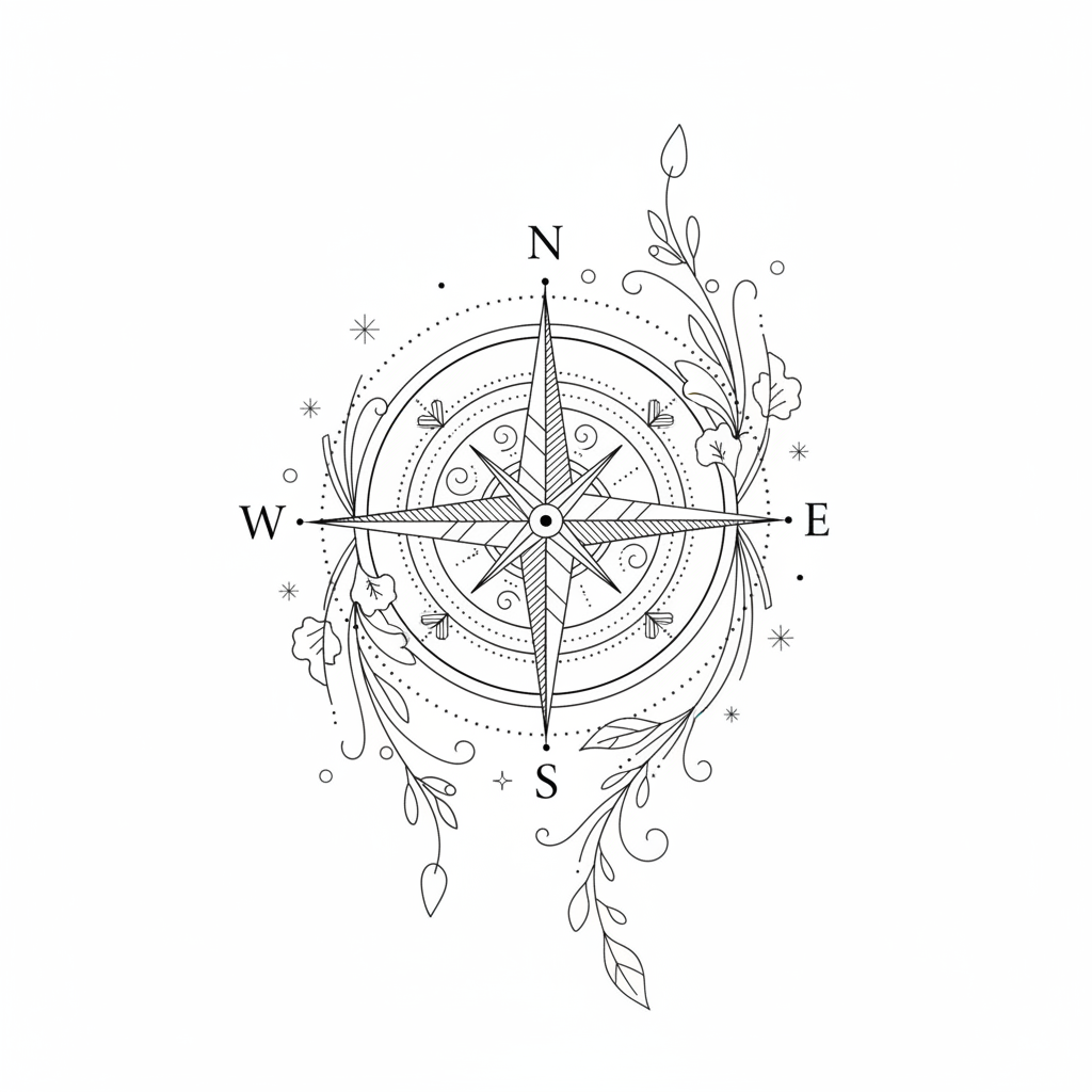 Fine Line Compass temporary tattoo design, fine line compass artwork in black ink on a white background