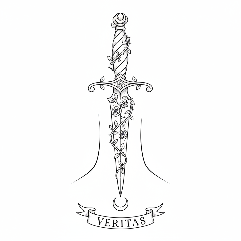 Fine Line Dagger temporary tattoo design, fine line dagger artwork in black ink on a white background