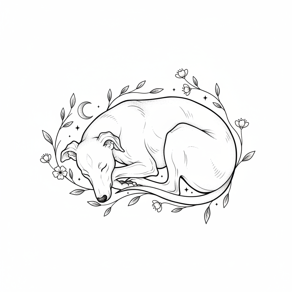 Fine Line Dog temporary tattoo design, fine line dog artwork in black ink on a white background