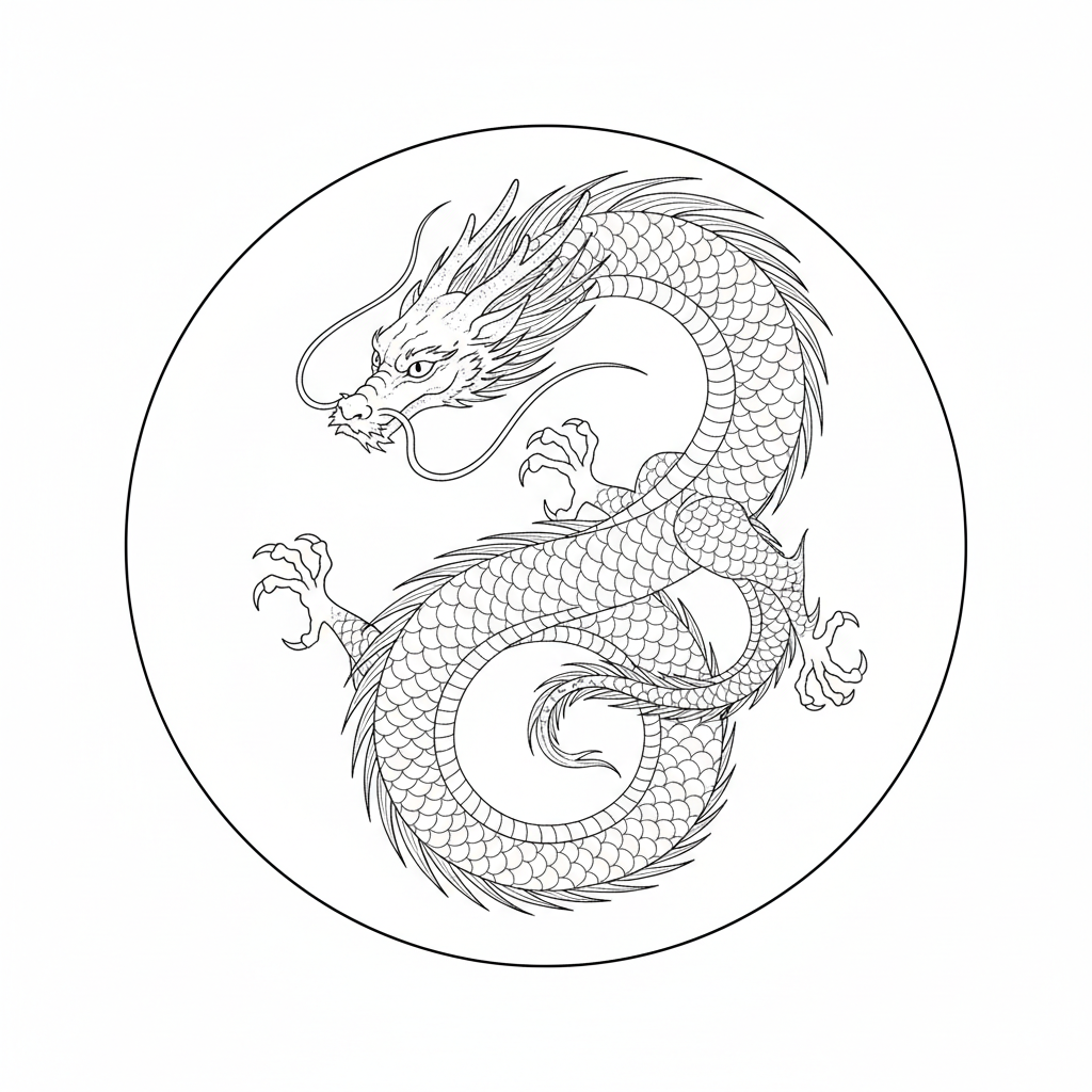 Fine Line Dragon temporary tattoo design, fine line dragon artwork in black ink on a white background