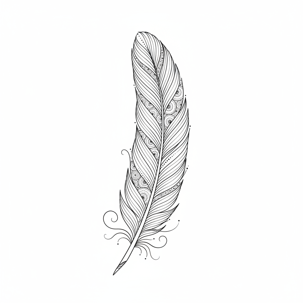 Fine line feather temporary tattoo design for the upper arm, black ink artwork on a white background