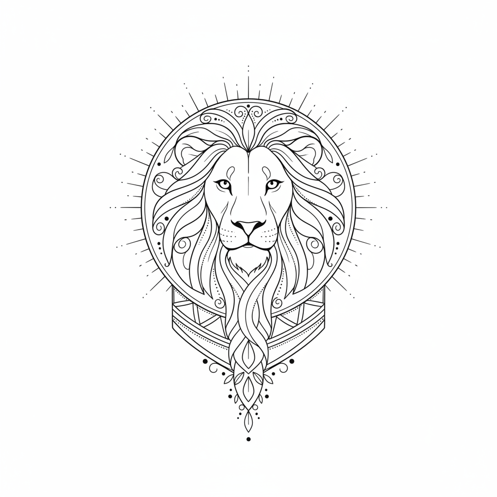 Fine Line Lion temporary tattoo design, fine line lion artwork in black ink on a white background
