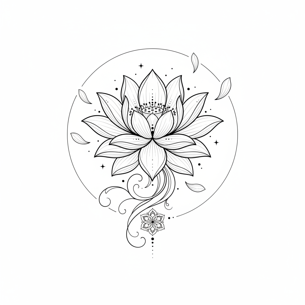 Fine Line Lotus temporary tattoo design, fine line lotus artwork in black ink on a white background