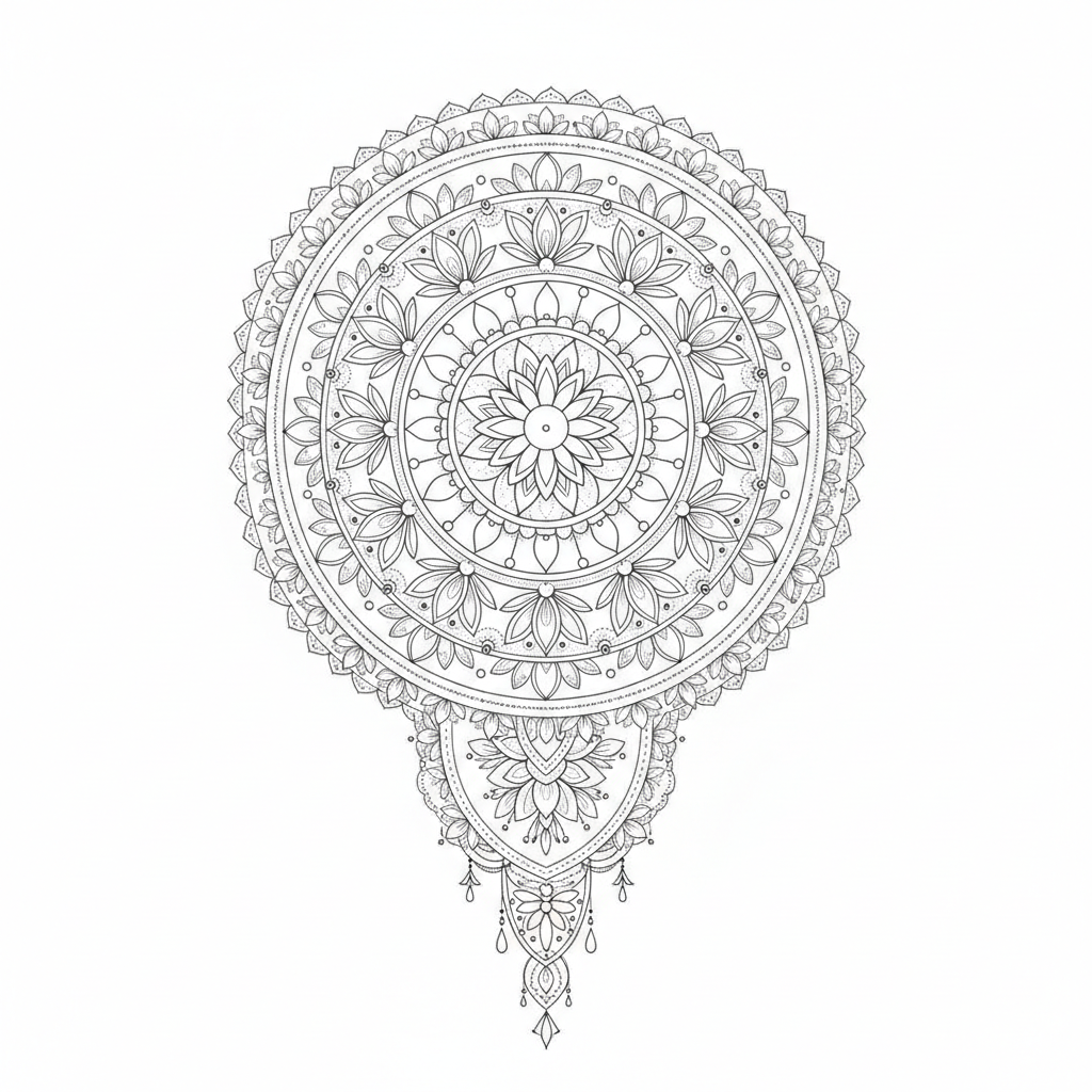 Fine Line Mandala temporary tattoo design, fine line mandala artwork in black ink on a white background