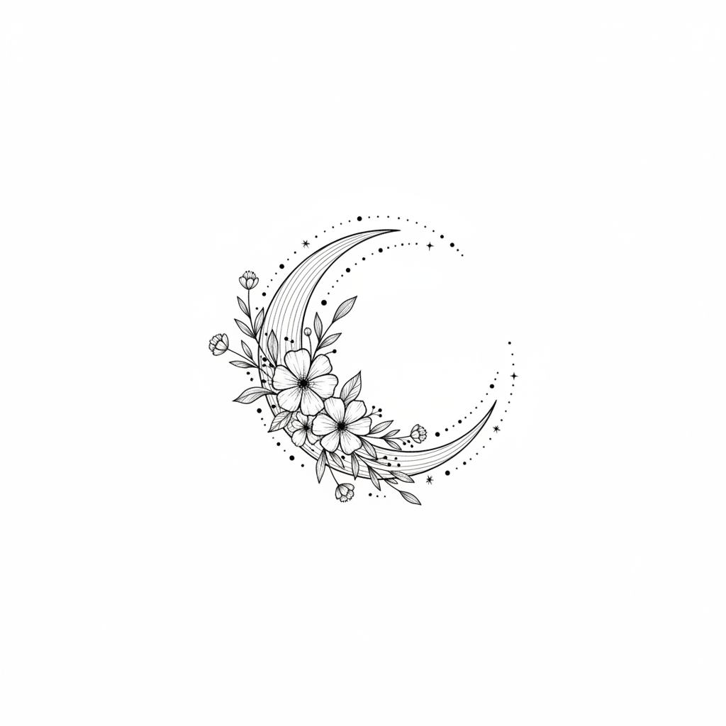 Fine Line Floral Moon temporary tattoo design, fine line moon artwork in black ink on a white background