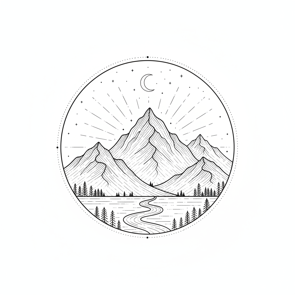 Fine Line Mountain temporary tattoo design, fine line mountain artwork in black ink on a white background