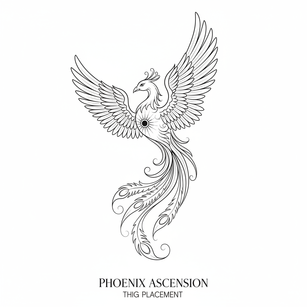 Fine line phoenix temporary tattoo design for the thigh, black ink artwork on a white background