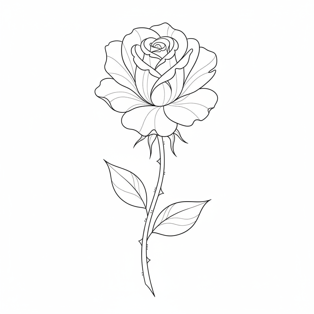Fine Line Rose temporary tattoo design, fine line rose artwork in black ink on a white background