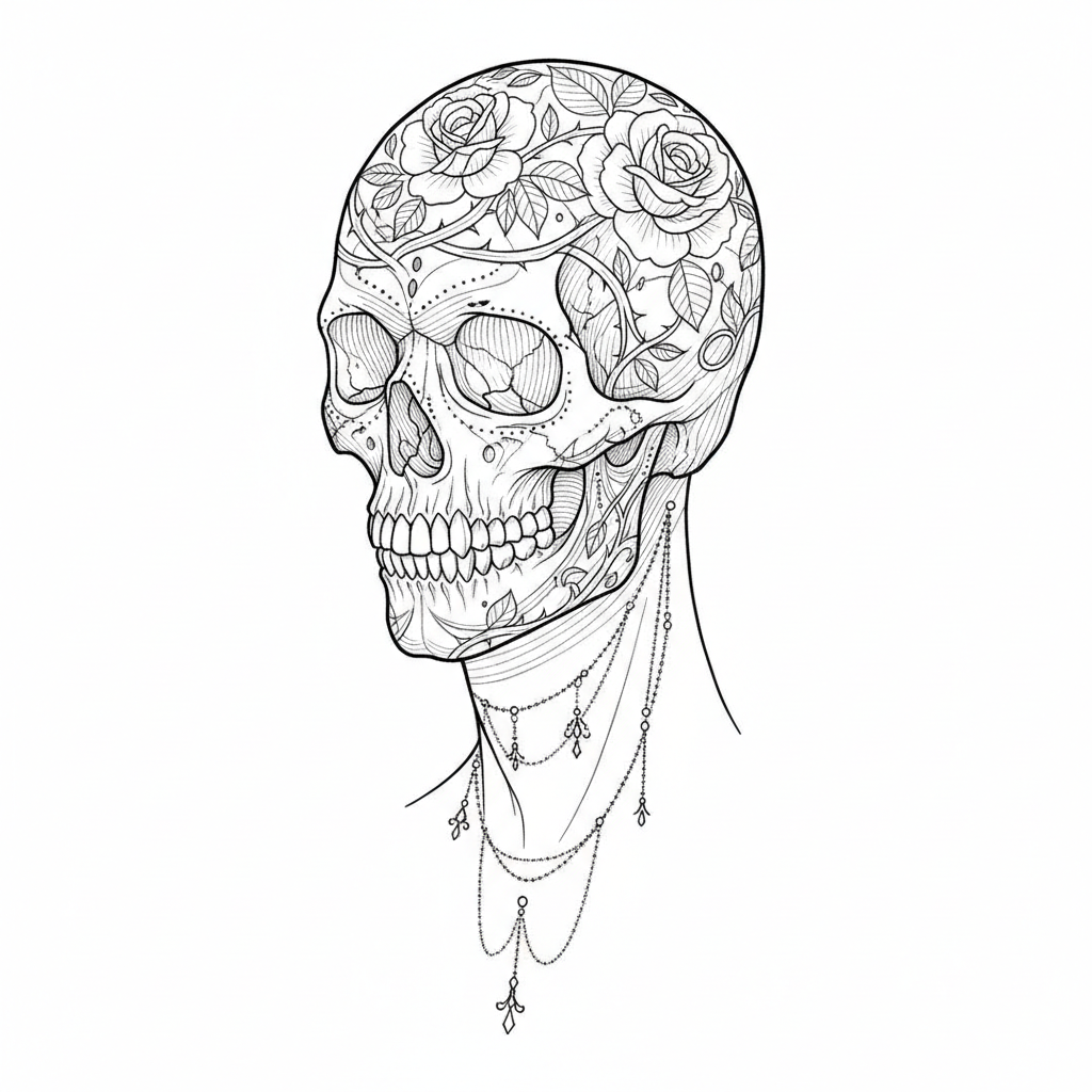 Fine Line Skull temporary tattoo design, fine line skull artwork in black ink on a white background